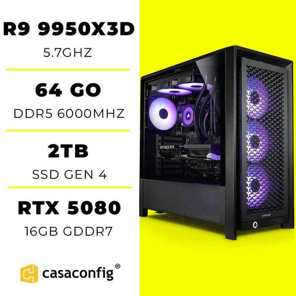 PC Gamer Ryzen 9 9950X3D/64GB/2TB SSD/RTX 5080 16GO